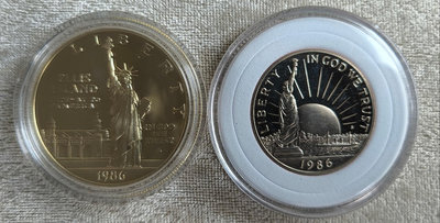 美國1986年 自由女神百年1元大銀幣+50美分2枚精制紀念