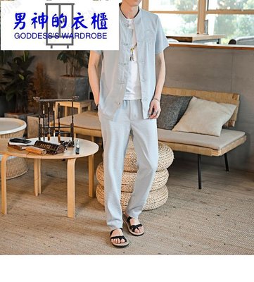 新款男装中国风汉服唐装夏季青少年休闲盘扣刺绣开衫T恤休闲套装-男神的衣櫃