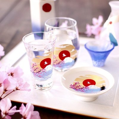 日本進口高木陶器冷感玻璃清酒杯 富士山櫻花玻璃水杯 生日禮物