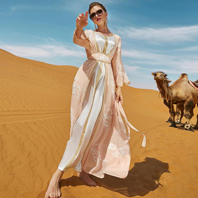 【套裝】沙漠玫瑰重工刺繡長款開衫打底裙二件套阿拉伯長袍中東女裝suit