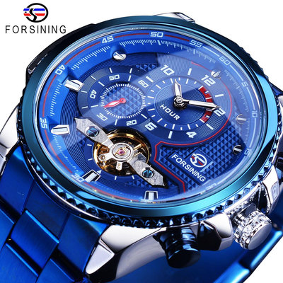現貨男士手錶腕錶Forsining跨境新款自動機械錶男士多錶盤不銹鋼手錶藍色陀飛輪