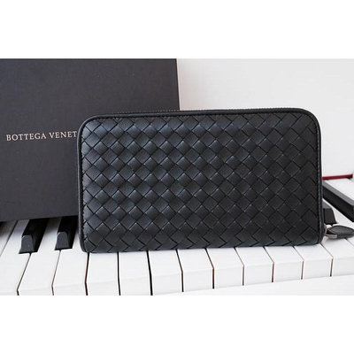 二手 Bottega Veneta 114076 Intrecciato 拉鍊編織長夾 黑