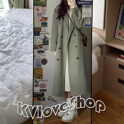 KVLOVE SHOP〥外貿單 時尚韓系羊毛混紡抹茶綠/黑色小寬鬆長款毛呢大衣外套 2色〥