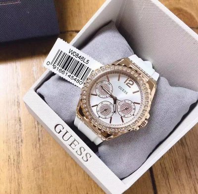 正品GUESS手錶(W0846L5)玫瑰金錶殼 白色矽膠錶帶 石英 女生 三眼計時腕錶39mm