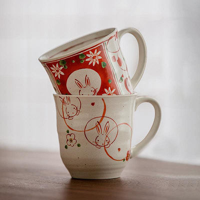 椒房 現貨日本進口美濃燒可愛櫻花兔子陶瓷對杯手繪馬克杯套裝結婚禮物 gy