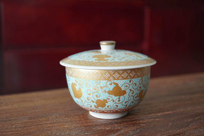 日本九谷燒蓋杯茶杯藍粒青粒蓋杯蓋碗