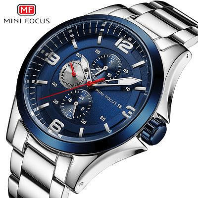 現貨男士手錶腕錶MINI FOCUS新款時尚商務男士石英錶多功能雙日歷星期夜光鋼帶男錶