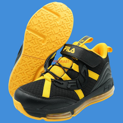 FILA B409Y-009 黑X黃 高筒單黏帶籃球鞋(童鞋，兩款配色)【康特杯，足弓支撐鞋墊】300F