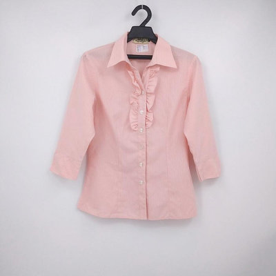 210902SNJ淺粉紅條紋七分袖荷葉裝飾襯衫M二手