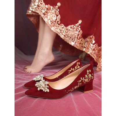 中式 紅色 尖頭 淺口 高跟鞋 女 孕婦 孕婦婚鞋 中式新娘鞋