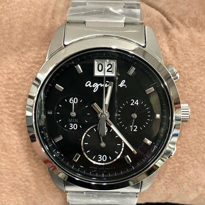 【agnes b.】大日期 大錶徑 三眼計時 碼錶 腕錶-黑-銀BU5001J1 vk73