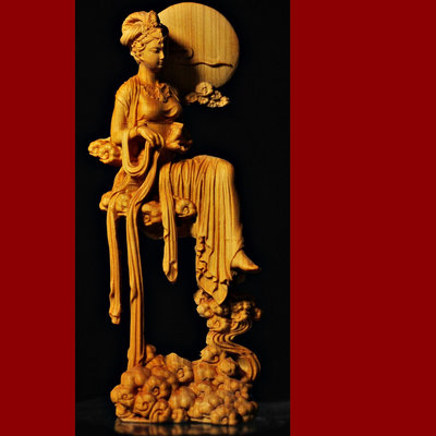 【桑園の】崖柏根雕 嫦娥仙子 神話美女 16cm 簍空精雕 實木雕刻 T 5002