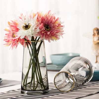 熱銷 輕奢描金玻璃花瓶透明北歐簡約客廳創意餐桌百合插花水培花器擺件