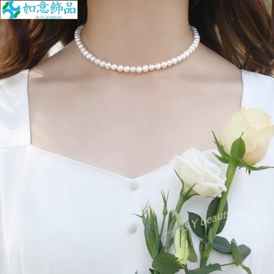 S.Y天然珍珠厚鍍4K金 大號經典法式淡水珠項鍊  高品質可調節鎖骨鏈 疊戴珍珠鍊~如意飾品