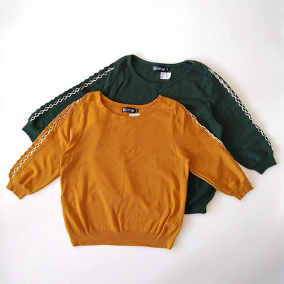 220102nouvelle TOKYO橘黃色墨綠針織白色編織鏤空七分袖上衣XL二手