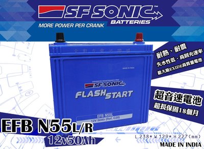 全動力-SF SONIC EFB N55L N55R (12V50Ah) 進口電池  HRV Sienta適用 藍盾