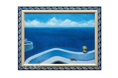 ◎『佳家畫廊』→溫馨小魚/藍色框-雷諾瓦-幾米海之灣500拼圖-平面框範例◎拼圖框訂做