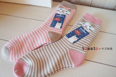 ˙ＴＯＭＡＴＯ生活雜鋪˙日本進口雜貨粉紅鼻子白貓咪貓兒條紋毛料裏起毛保暖長襪