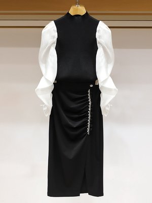 TANG KOREA2022春季新款半高領網紗泡泡袖針織衫高腰半身裙兩件套女