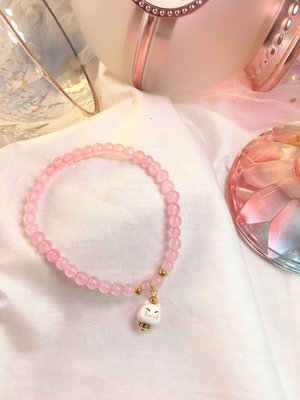 日本 粉水晶 陶瓷招財貓玉石手鍊彈性手環