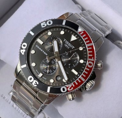 TISSOT Seastar1000 紅黑圈黑面錶盤 銀色不鏽鋼錶帶 石英 三眼計時 男士手錶T1204171105101 天梭300米潛水錶