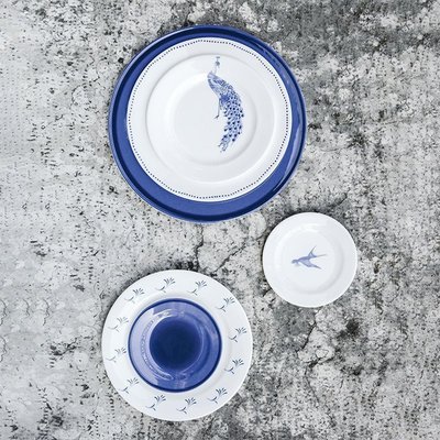 意大利knindustrie復古藍花紋骨瓷平盤 牛排西餐盤深湯盤家用餐具