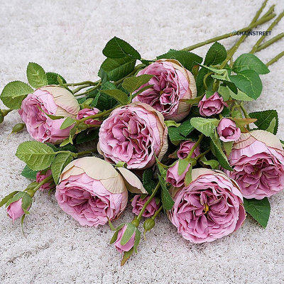 【限時下殺】 單枝3頭奧斯汀玫瑰 仿真花假花情人節婚慶花 家居攝影裝飾花卉