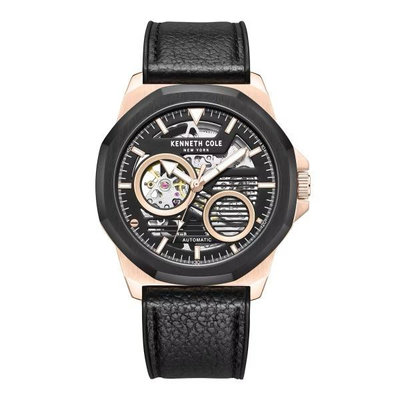 【柏儷鐘錶】 KENNETH COLE 玫瑰金鋼黑面皮革鏤空機械錶  KCWGR0013603