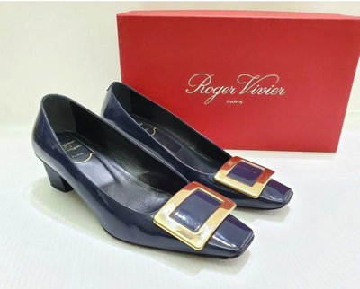 Roger Vivier-Belle Vivier Trompette 正品 小牛皮 海軍藍漆皮 經典方扣 45毫米 粗斜跟 36號