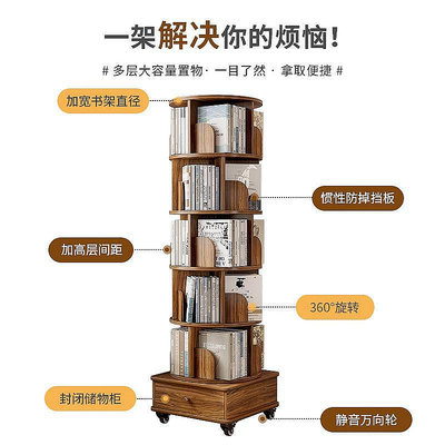 置物架旋轉書架360度帶輪可移動客廳書柜落地多層置物架家用學生收納柜