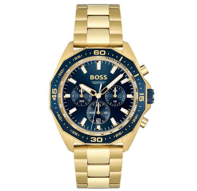 HUGO BOSS Energy 藍色錶盤 金色不鏽鋼錶帶 石英 三眼計時 男士手錶 1513973