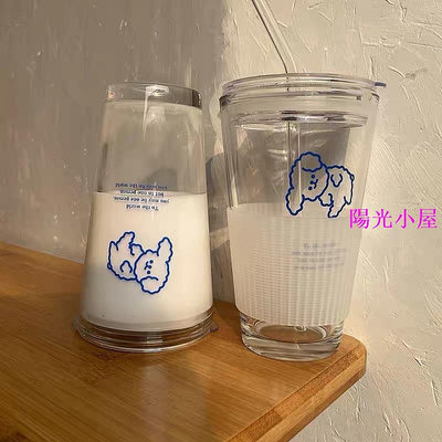 泰迪狗玻璃杯 韓國ins風水杯玻璃水杯 水壺 水杯 杯子 隨行杯 可愛水杯造型水杯可愛水壺 牛奶杯-陽光小屋