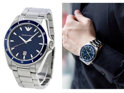 EMPORIO ARMANI 藍色錶盤 銀色不鏽鋼錶帶石英男士石英手錶 AR11100