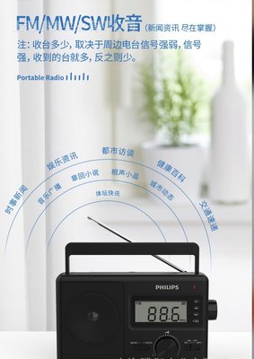 (全新現貨) PHILIPS 插電/電池兩用型 {DC/AC} 可攜式TF/SD/MP3/AM/FM/SW 液晶顯示收音機