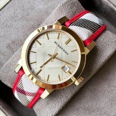 BURBERRY  金色錶盤 紅色配格紋皮革錶帶 石英 女士手錶 BU9139