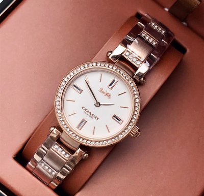 COACH Park 水鑽圈 白色錶盤 玫瑰金色不鏽鋼錶帶 石英 女士手錶 14503099