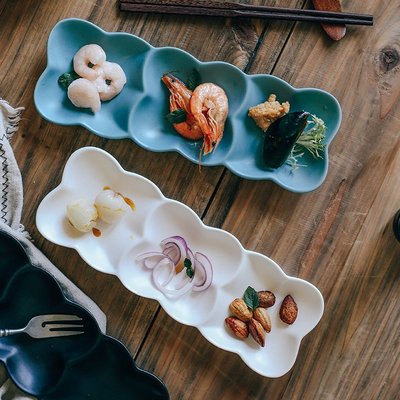 純白陶瓷三格餐盤北歐壽司拼盤創意點心分隔小吃涼菜碟子三連盤子