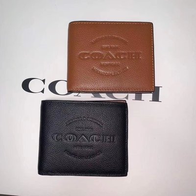全新 COACH 24647 新款真皮短夾 男式錢包 對折皮夾 荔枝紋皮壓紋Logo