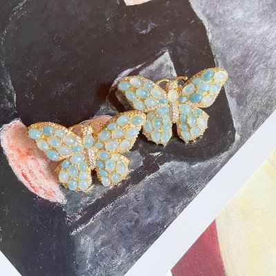 中古蝴蝶飛舞耳釘合金鑲嵌樹脂復古宮廷耳飾氣質高雅西洋飾品
