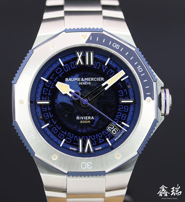 【鑫瑞鐘錶】98新 Baume&amp;Mercier 名士錶 Riviera M0A10716 不鏽鋼 透明藍色面盤 潛水錶 自動上鍊 42mm 盒單全
