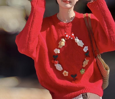 🌿Ciao 衣🌿復古紅色立體花朵毛衣秋冬氛圍感寬鬆減齡長袖針織衫上衣