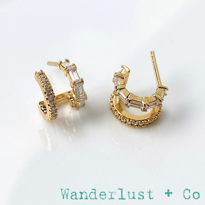 Wanderlust+co 澳洲品牌 鑲鑽耳環 金色小圓耳環 立體雙層設計 Double Pave