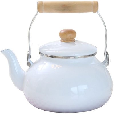 搪瓷燒水壺2.5L北歐純白木柄茶壺加厚琺瑯電磁爐燃氣家餐廳水壺-特價