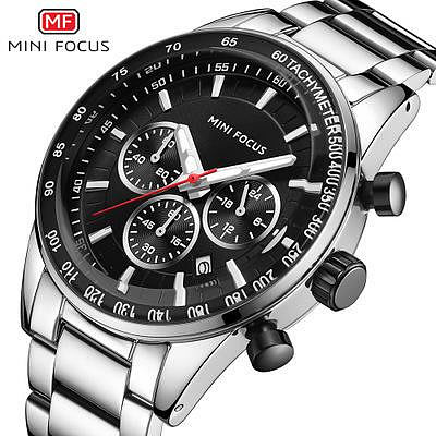 現貨男士手錶腕錶MINI FOCUS品牌商務男錶多功能機芯日歷夜光防水鋼錶帶0187G