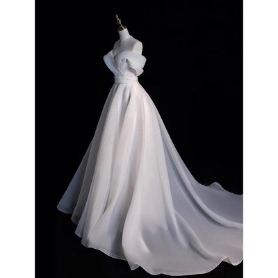 一字領白紗禮服新娘進場紗公主甜美輕婚紗出門紗高級儀式紗自助婚紗照寫真-麥德好服裝包包