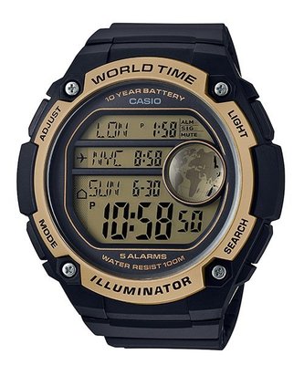 【CASIO 專賣】AE-3000W-9A 休閒與運動風的錶面設計，採用液晶螢幕數位顯示，錶盤上方顯示世界地圖資