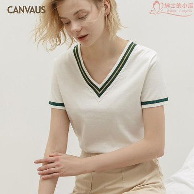 canus夏季新款純棉v領織帶寬鬆氣質短袖t恤女上衣k1069a