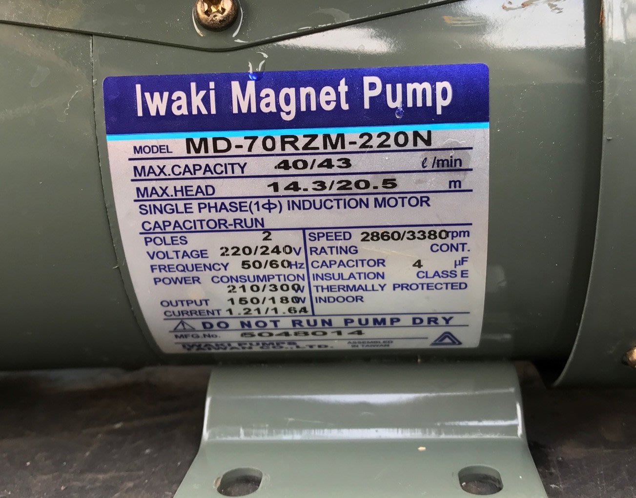 日本IWAKI MAGNET PUMP MD-70RZM(單相220V)無軸封耐酸鹼幫浦