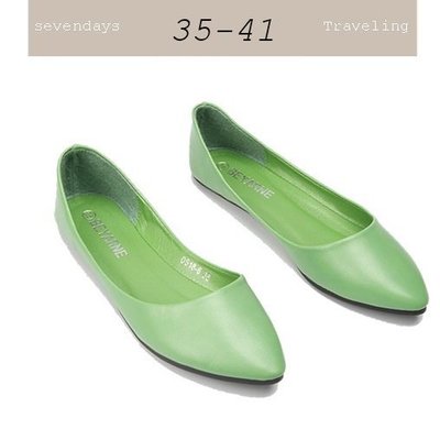 大尺碼女鞋小尺碼女鞋尖頭素面糖果色舒適娃娃鞋平底鞋包鞋綠色(35-41)現貨#七日旅行