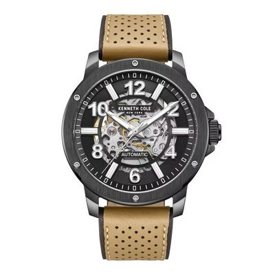 【柏儷鐘錶】 KENNETH COLE 黑鋼黑面皮革鏤空機械錶  KCWGR0013603
